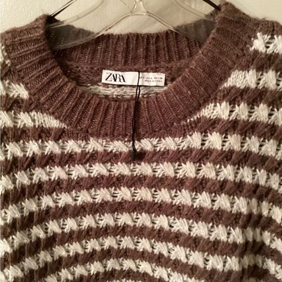 ZARA LARGE NWOT BROWN AND IVORY STRIPED CHUNKY KNIT BOYFRIEND SLOUCHY SWEATER - Picture 6 of 8